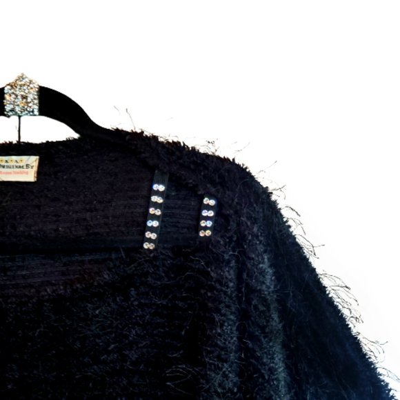 Black Oversized Fuzzy Fringe Batwing Top with Swarovski Crystals on Straps. NEW! - Picture 4 of 7